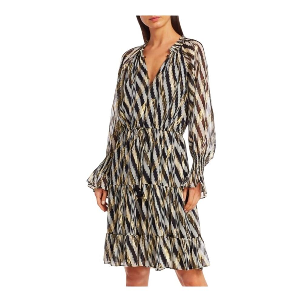 Figue Bohemian Rhapsody Kaia Metallic Zebra Stripe Puff Sleeve Silk Dress